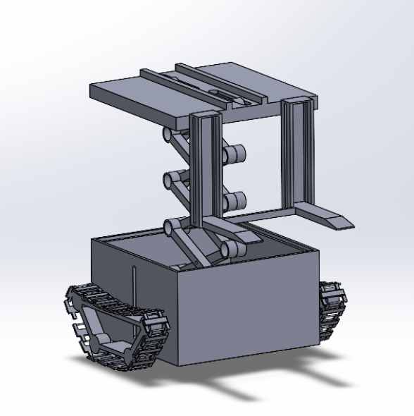 Original X-FLEX concept CAD: tracked base with scissor-lift fork mechanism and hydraulic actuation