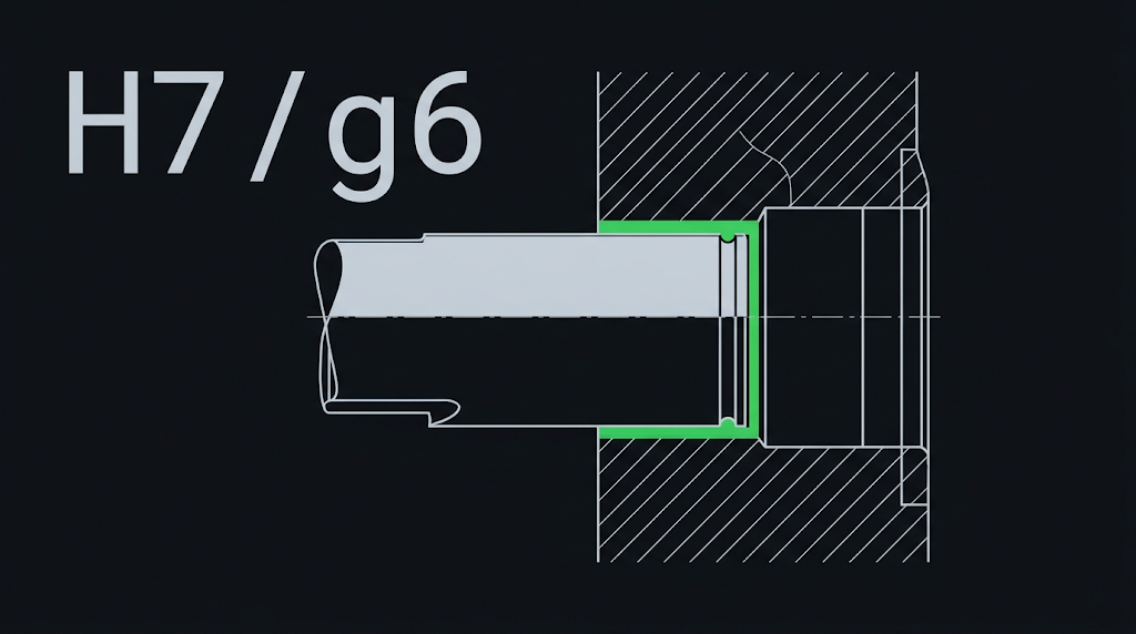 Cross-section illustration of an H7/g6 sliding fit: shaft entering a bore with the clearance band highlighted in green