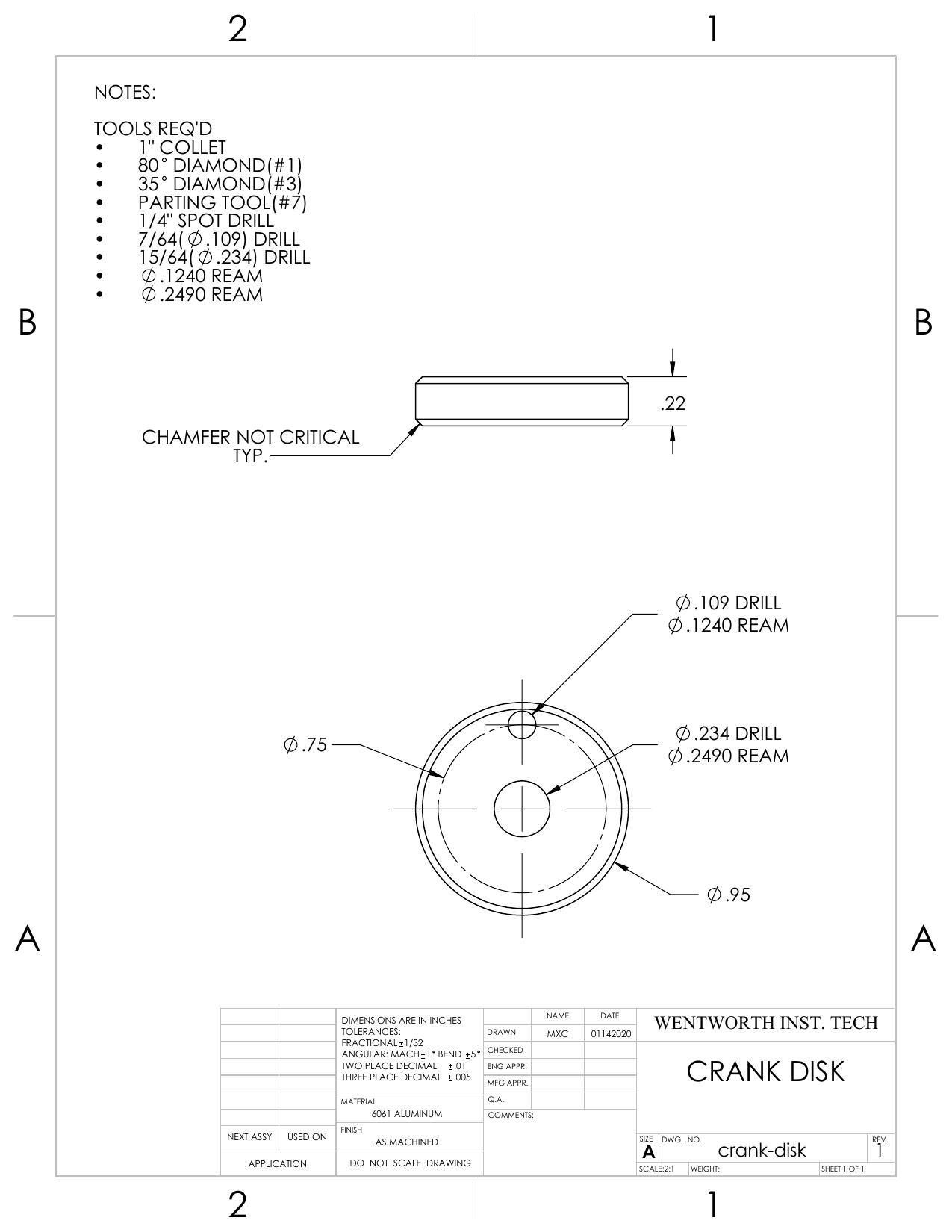 Crank disk engineering drawing: 0.95 in diameter, 0.22 in thick, reamed shaft bore and crank pin hole