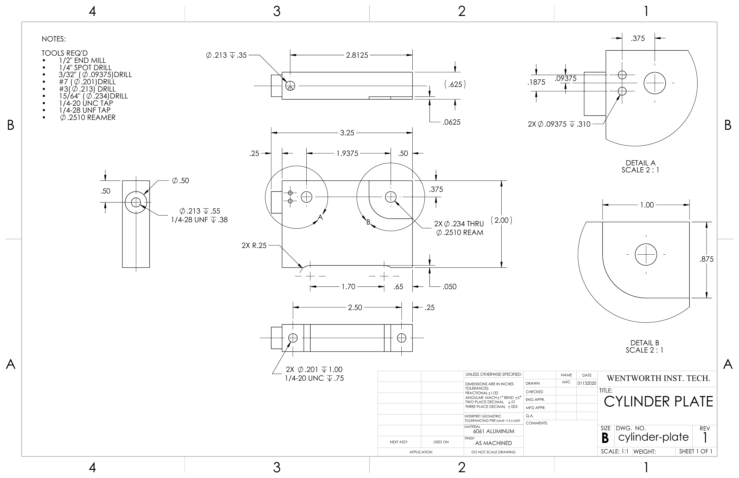 Cylinder plate engineering drawing, B-size sheet with detail views of the air ports and pivot boss